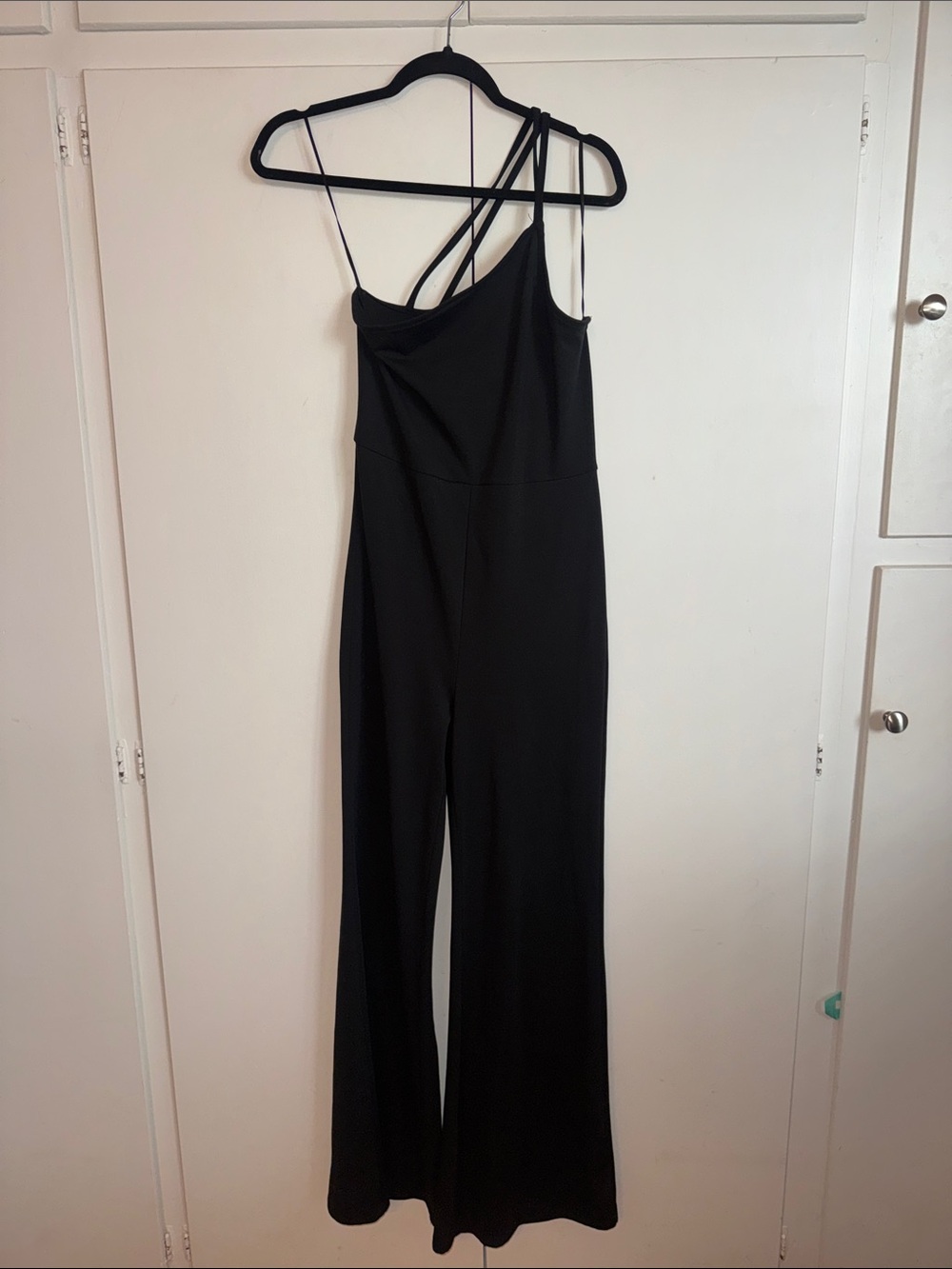 Asymmetric-Strap Black Wide-Leg Jumpsuit